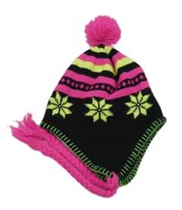 Černo-neonová vzorovaná pletená čepice s bambulí 