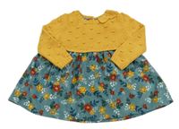 Okrovo-modré pletené/manšestrové šaty s květovanou sukní 