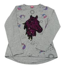 Sivé melírované tričko s koníkem z překlápěcích flitrů a jednorožcami