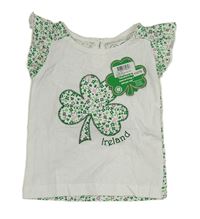 Nové - biele tričko s trojlístkem a zeleno-ružovymi kvety a volánikmi Ireland