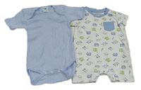 2set - Bielo-modrý kraťasový overal s obrázky + modro-biele pruhované body