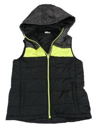 Čierno-sivo-limetková šušťáková prešívaná zateplená vesta s kapucňou Yigga