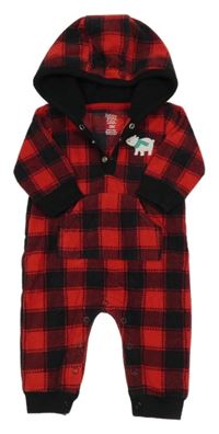 Čierno-červená kockovaná fleecová kombinéza s medvedíkom a kapucňou Carter´s