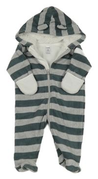 Šedo-khaki pruhovaná fleecová podšitá kombinéza s kapucňou Carter's
