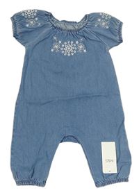 Modrý rifľový nohavicový overal s kvietkami a madeirou zn. M&S