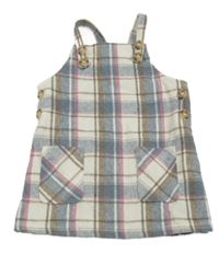 Smetanovo-modrošedo-hnědo-růžové kostkované vlněné šaty PRIMARK