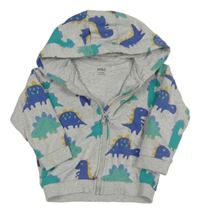 Šedá melírovaná propínací mikina s dinosaury a kapucí M&S