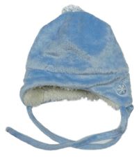 Modrá plyšová zateplená zavazovací čepice s vločkou a bambulí 