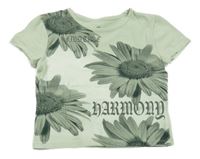 Světleolivové crop tričko so slunečnicemi a nápisom H&M