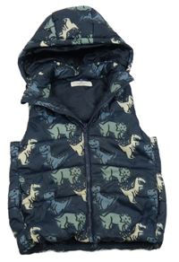 Tmavomodrá prošívaná šusťáková zateplená vesta s dinosaury a odepínací kapucí H&M