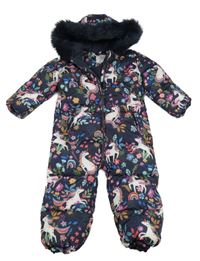 Tmavomodrá prešívaná šušťáková zimná kombinéza s jednorožci a kapucňou s kožešinou Next