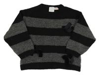 Černo-šedý pruhovaný oversize svetr s mašlemi ZARA