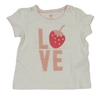 Biele tričko s nápisom a jahůdkou lupilu