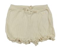 Smotanové rebrované vzorované kraťasy s mašlou a nášivkou a volánikmi so cute