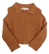 Medový rebrovaný prepínaci crop sveter s golierikom SHEIN