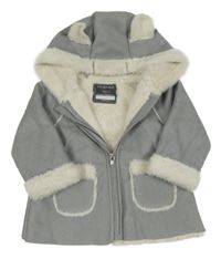 Sivý semišový zateplený kabát s kapucňou s uškami a kožešinou PRIMARK