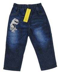 Nové - Tmavomodré kalhoty riflového vzhledu s dinosaurom zn. Shein