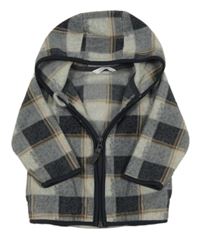 Šedo-černo-hnědá kostkovaná fleecová propínací mikina s kapucí