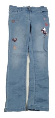 Modré skinny rifle s koněm z překlápěcích flitrů a srdiečkami Topolino