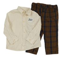 Nové - 2set - Světlebéžová košile + hnědo-tmavomodré kostkované teplákové kalhoty Pep&Co