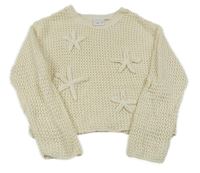 Krémový perforovaný crop sveter s kvetinami Zara