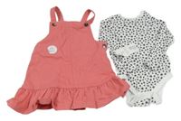 Nové - 2set - Tmavorůžové riflové laclové šaty + bílé květované žebrované body F&F