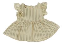 Krémovo-tmavomodro-medová pruhovaná halenka s volány Shein