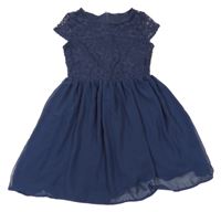 Tmavomodré krajkovo/šifonové šaty H&M