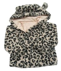 Starorůžovo-šedý chlupatý podšitý kabátek s leopardím vzorom a kapucňou Tu