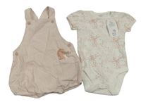 2 set - Bílo-růžové vzorované body + růžovo-bílé pruhované laclové kraťasy F&F