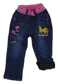 Tmavomodré thermo skinny rifle s koníkem a růžovým pasem 