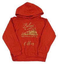 Červená mikina so zlatým potlačou a kapucňou