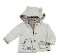 Bílý podšitý propínací svetr s kočkou a králíkem a kapucí Tu