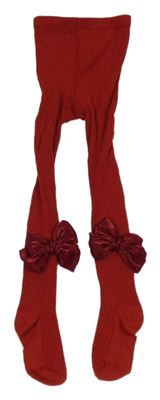 Červené žebrované punčocháče s mašlemi 