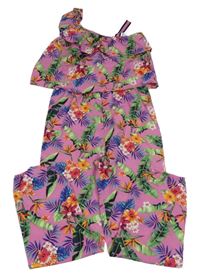 Ružovo-farebný kvetovaný ľahký nohavicový overal