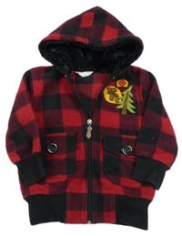 Černo-červená kostkovaná fleecová propínací mikina s losy a kapucí 