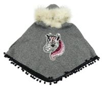 Sivé svetrové pončo s jednorožcem z flitrů a kapucňou s kožešinou