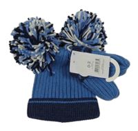 Nové - 2set - Modro-bílá čepice s bambulemi + rukavice George