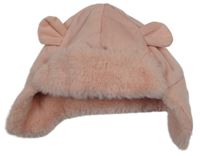 Růžová žebrovaná sametová beranice s kožešinou a oušky