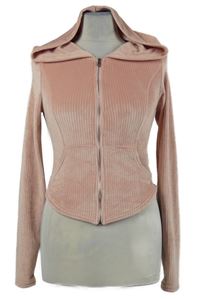 Dámská světlerůžová žebrovaná sametová crop propínací mikina s kapucí Shein 