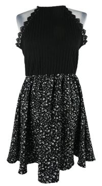 Dámské černé žebrované šaty s kytičkovanou sukní a krajkou Shein