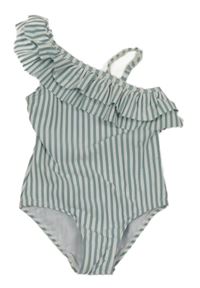 Modro-bílé pruhované plavky s volánkem 