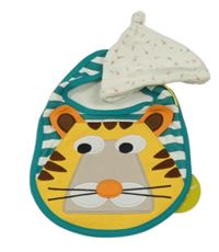 2set - Krémová čepička s kytkami + bryndák s tygrem