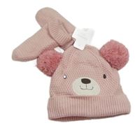 Nové - 2set - Světlerůžová čepice s medvídkem + rukavice Dunnes stores 