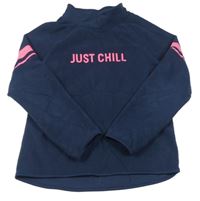 Tmavomodrá fleecová mikina s nápisom a ružovymi pruhmi C&A