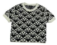 Smetanovo-čierne kockované pletené crop tričko s kvetmi a srdiečkami New Look