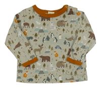 Šedé melírované triko se zvířaty a stromy 