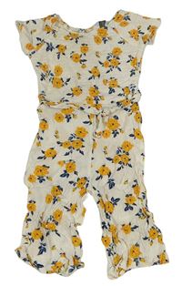 Bílý žabičkový culottes overal s kytičkami a páskem Primark