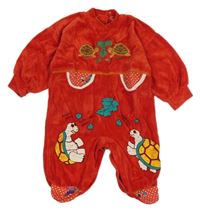 Nové - Červený zamatový overal so korytnačkami