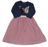 Tmavomodro-růžové šaty s motýlem z flitrů Bluezoo